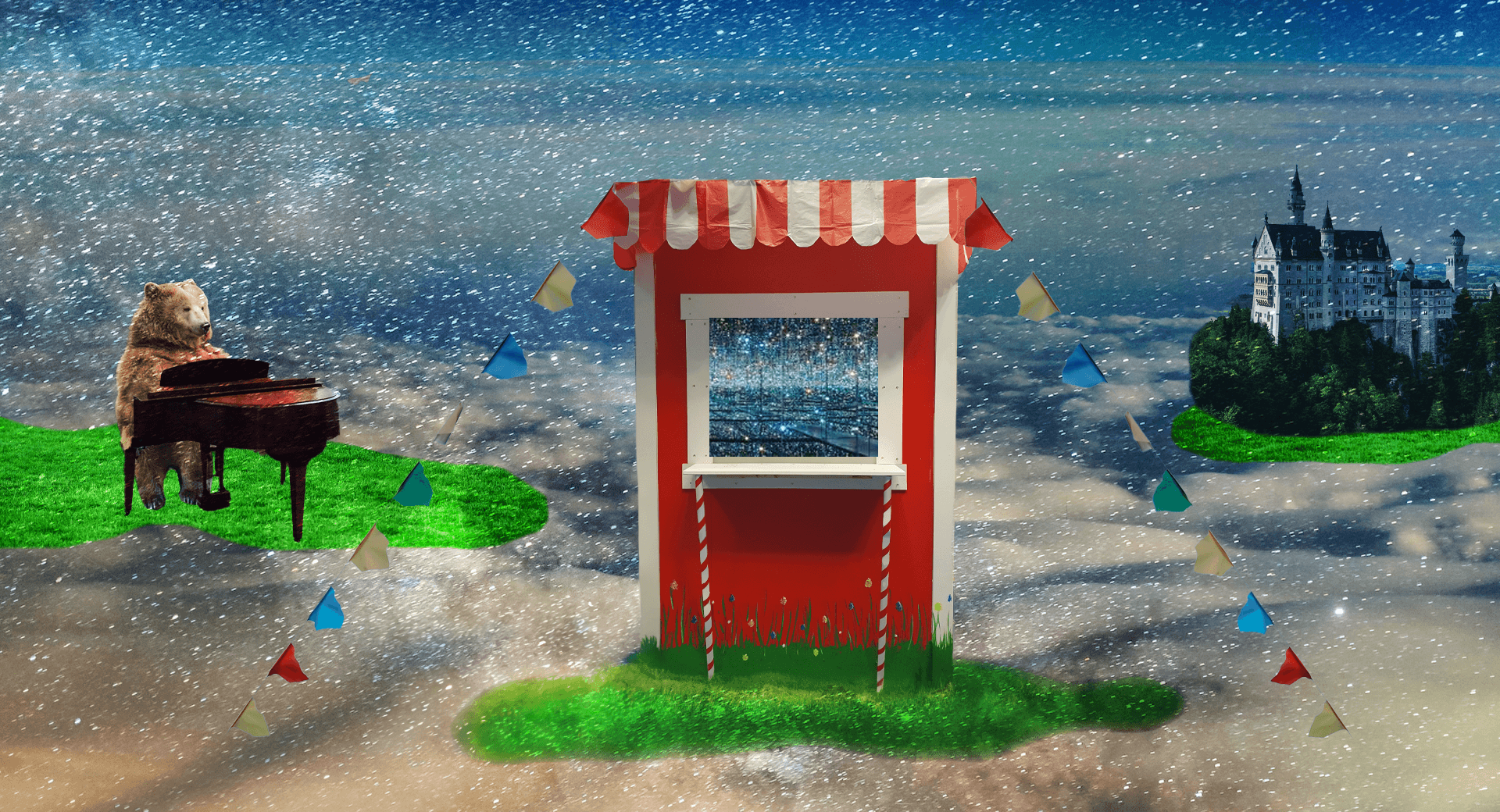 En liten röd kiosk står på en gräsplätt i himlen. Runt omkring svävar moln och stjärnor. På en gräsplätt längre bort spelar en björn på piano. På en annan gräsplätt svävar ett slott.