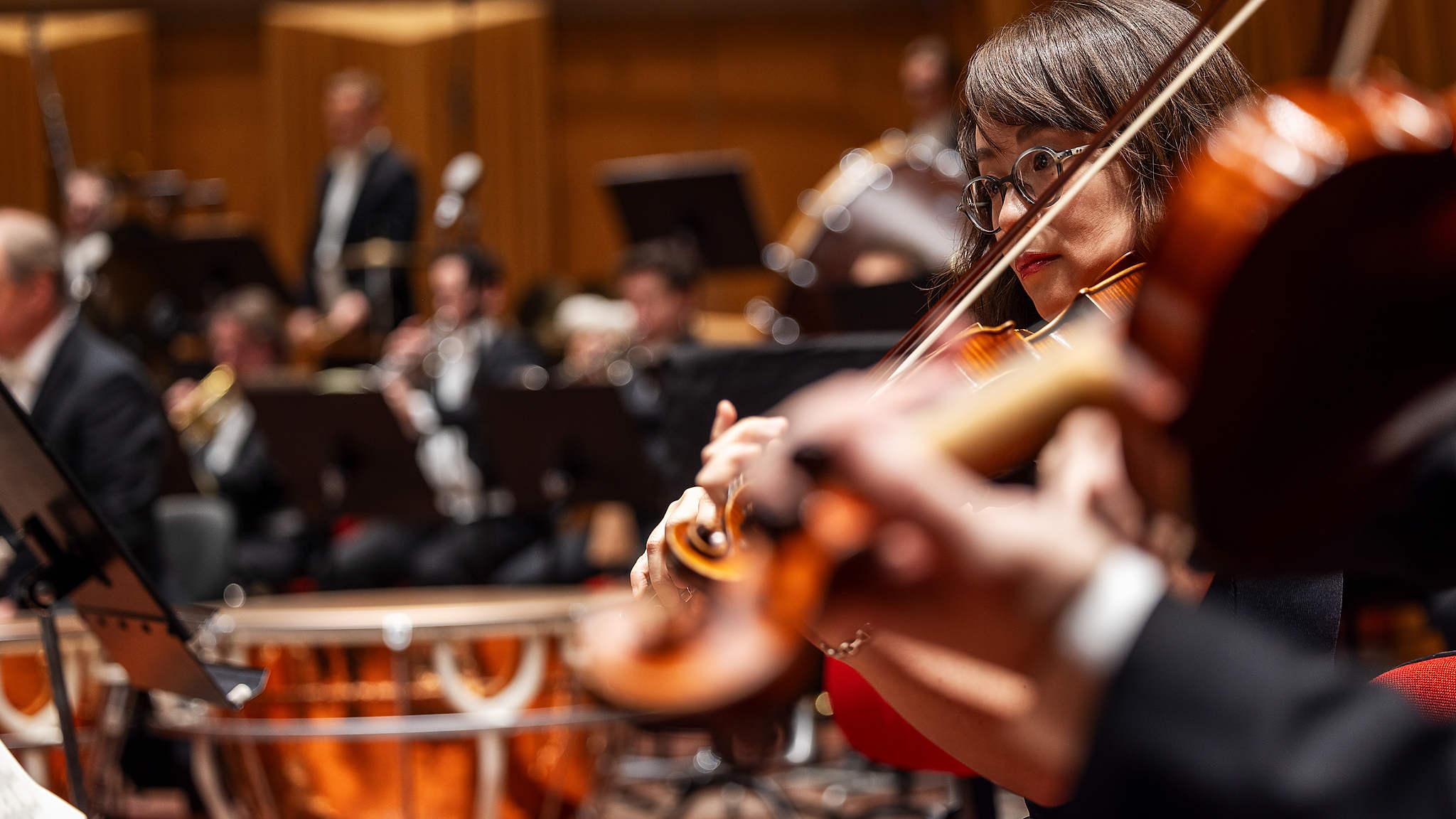 Bild på delar av orkestern. En puka synd i bakgrunden och i förgrunden en kvinna som spelar violin