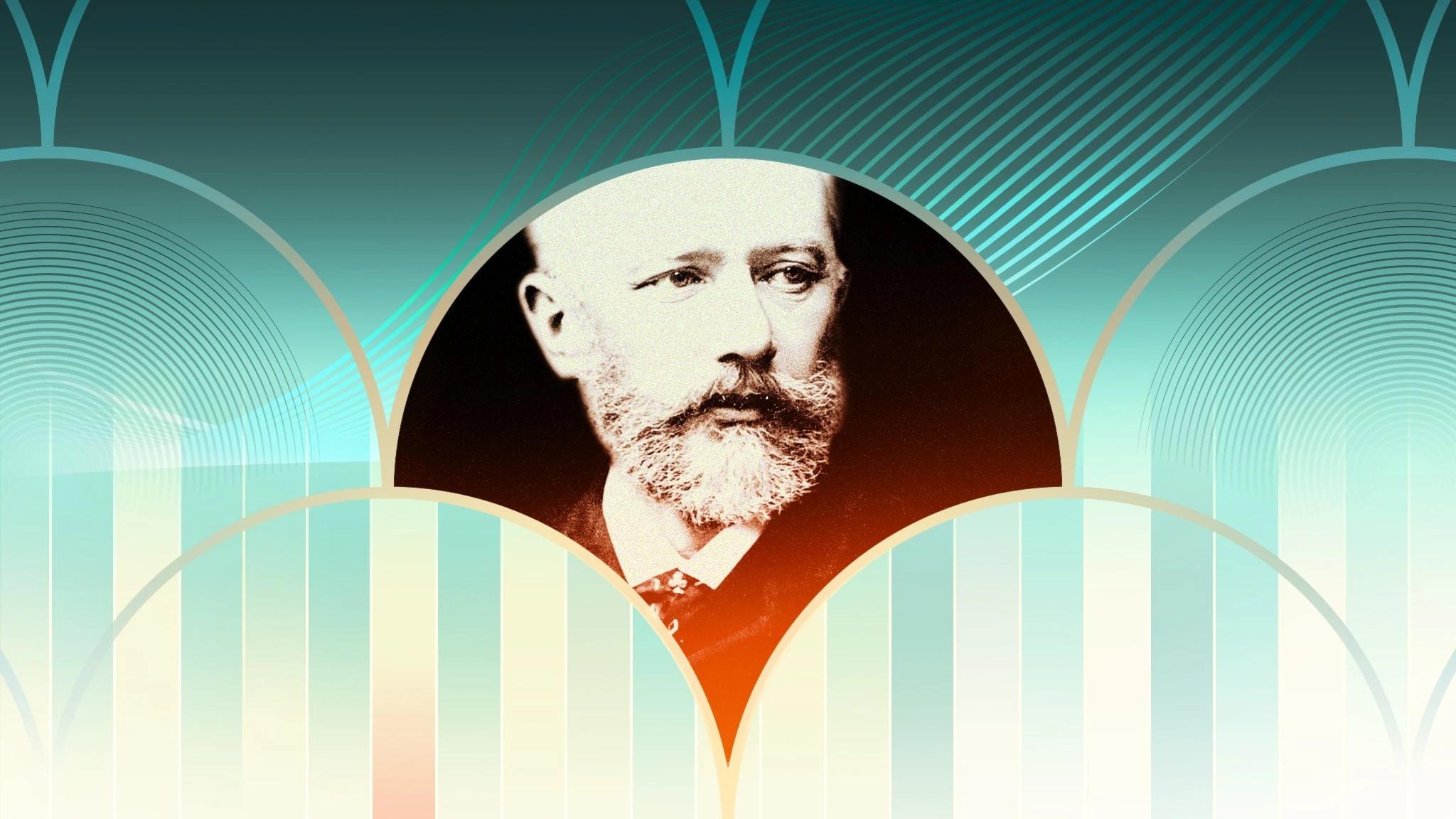 Porträttbild av Tjajkovskij med mustasch och skägg.