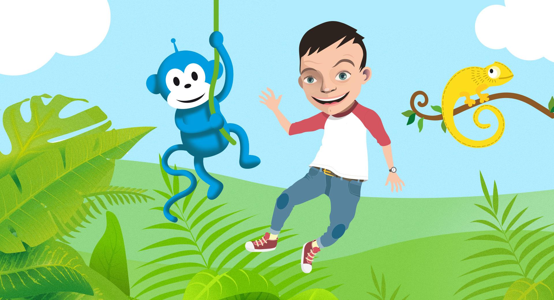 Animerad bild av Niklas och Radioapan som leker i djungeln
