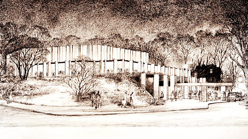 En gravyr av Berwaldhallens exteriör från slutet av 1970-talet