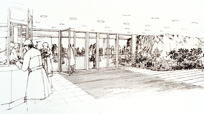 Skiss på entrén och biljettkassan från slutet av 1970-talet.