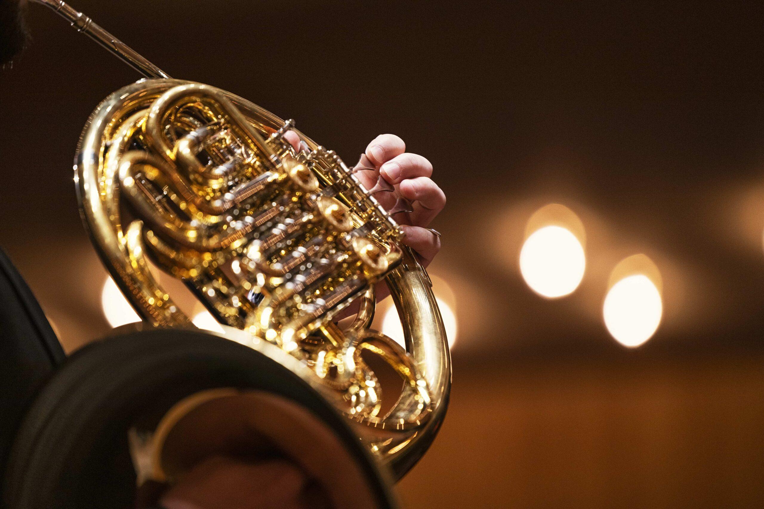 Närbild på när Pedro Silva spelar valthorn.