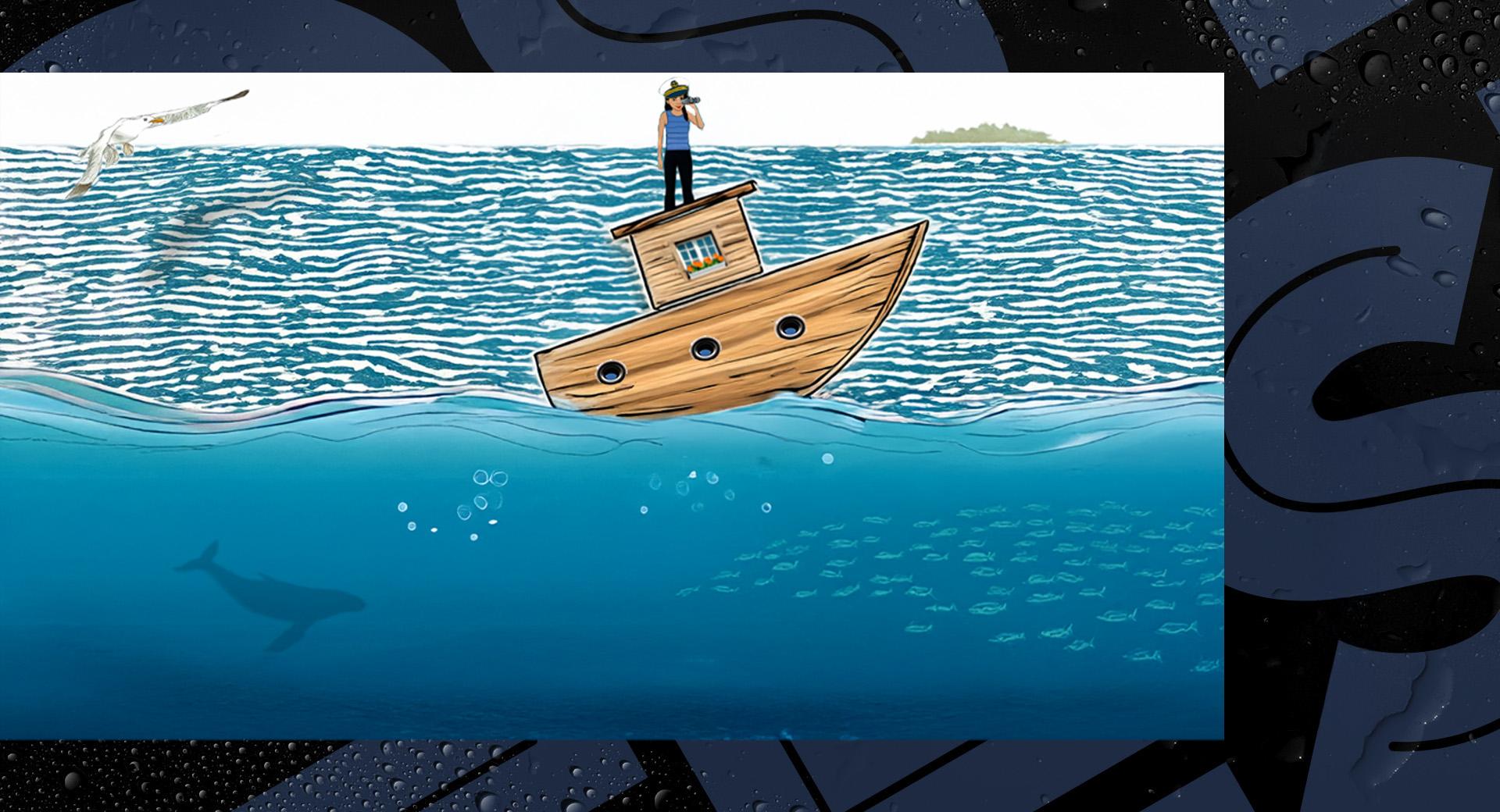 Dekorativ bild, en träbåt på havet.