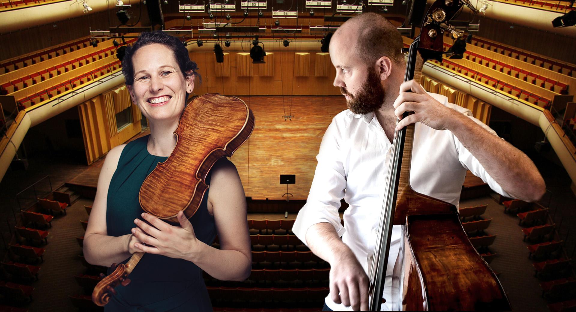 Ett kollage med foton på Malin Bioman och Rick Stotjin med instrument framför ett foto på Berwaldhallens konsertsal.