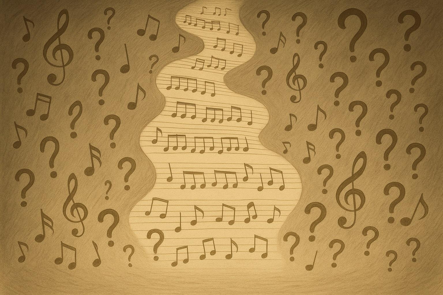 Illustration av noter och frågetecken som ser ut att sväva uppåt.