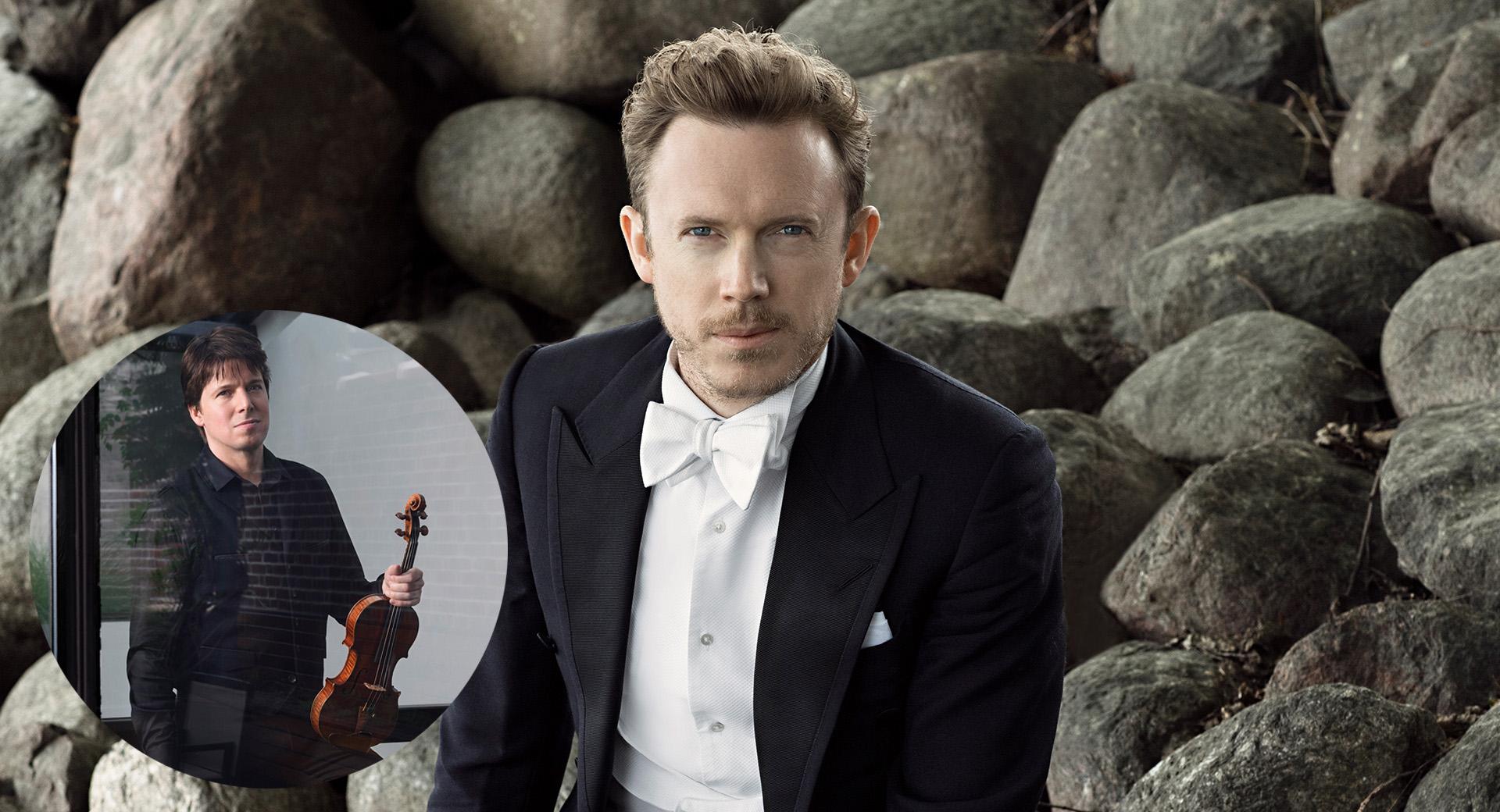 Montage av porträttbild av Daniel Harding och Joshua Bell framför stora stenar. Bell håller i sin violin.