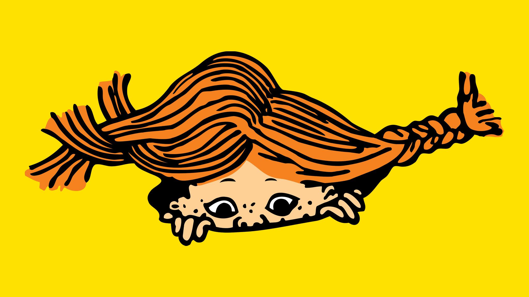 Pippi Långstrumps huvud, med fräknigt ansikte och rött hår i yviga, utstående flätor, kikar upp ur ett svart litet hål mot en gul bakrund.