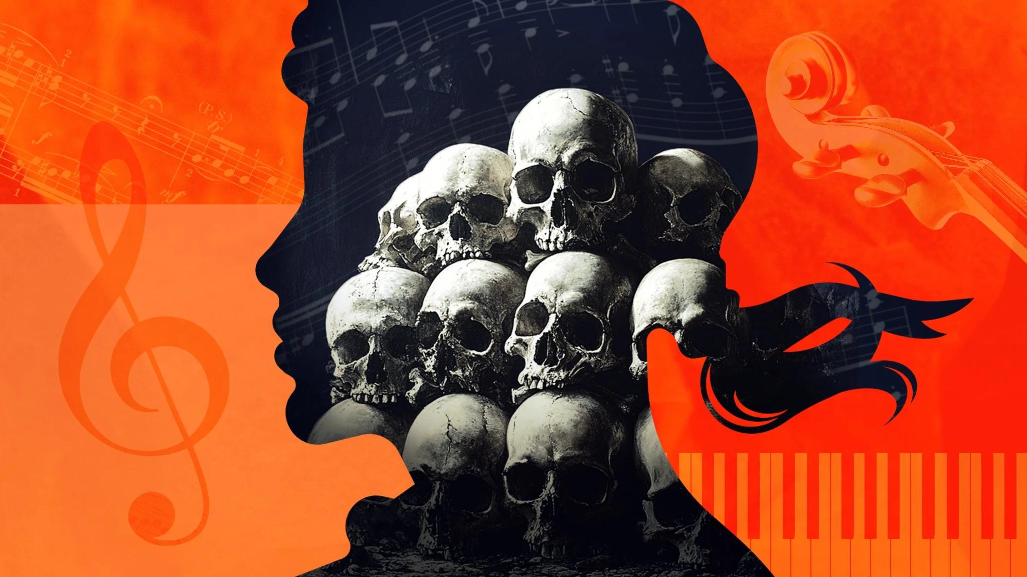 Dekorativ bild med dödskallar på hög, instrument och en siluett av en kompositör.