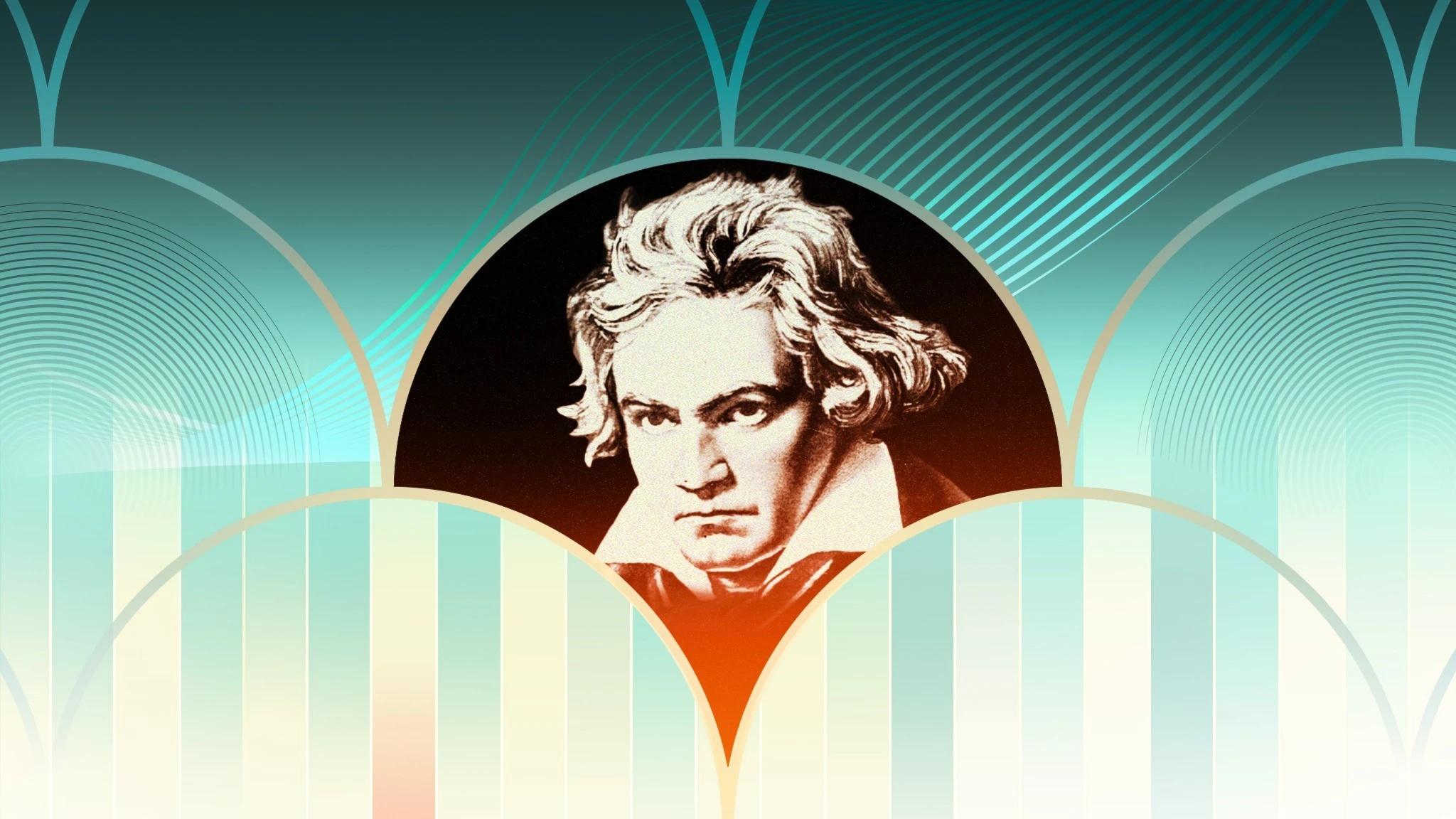 Bild på Beethoven i mitten. Hans hår är långt och yvigt och han har stor hög skjortkrage och scarf.