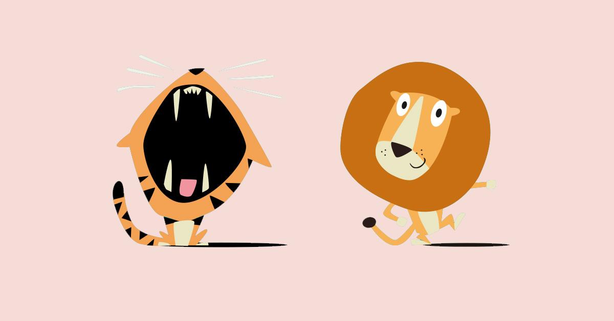 Illustration av en tiger med öppet gap, som troligtvis sjunger, och ett glatt lejon som dansar.