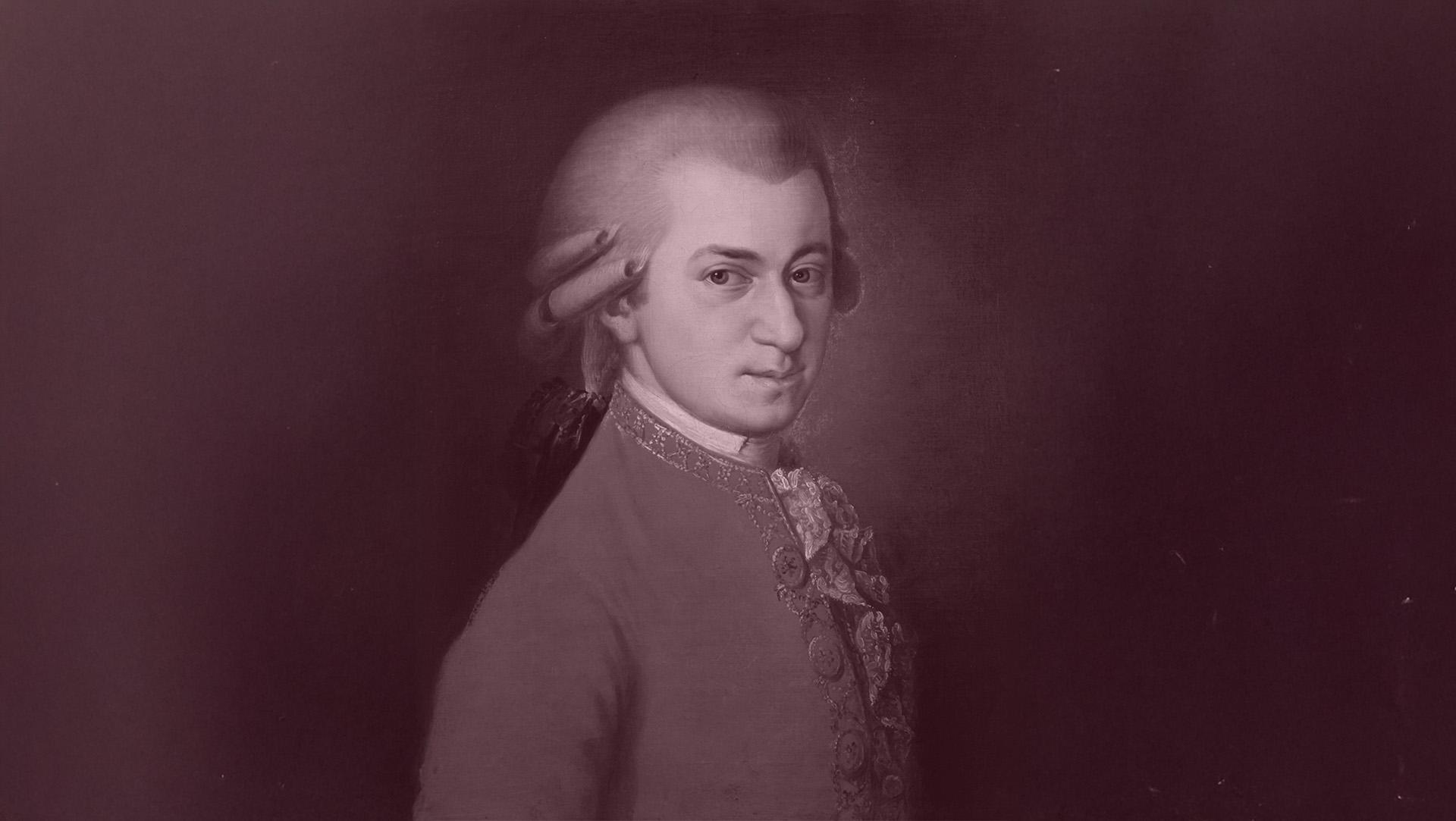 Porträttmålning av Wolfgang Amadeus Mozart med tidstypisk peruk och kråsskjorta.