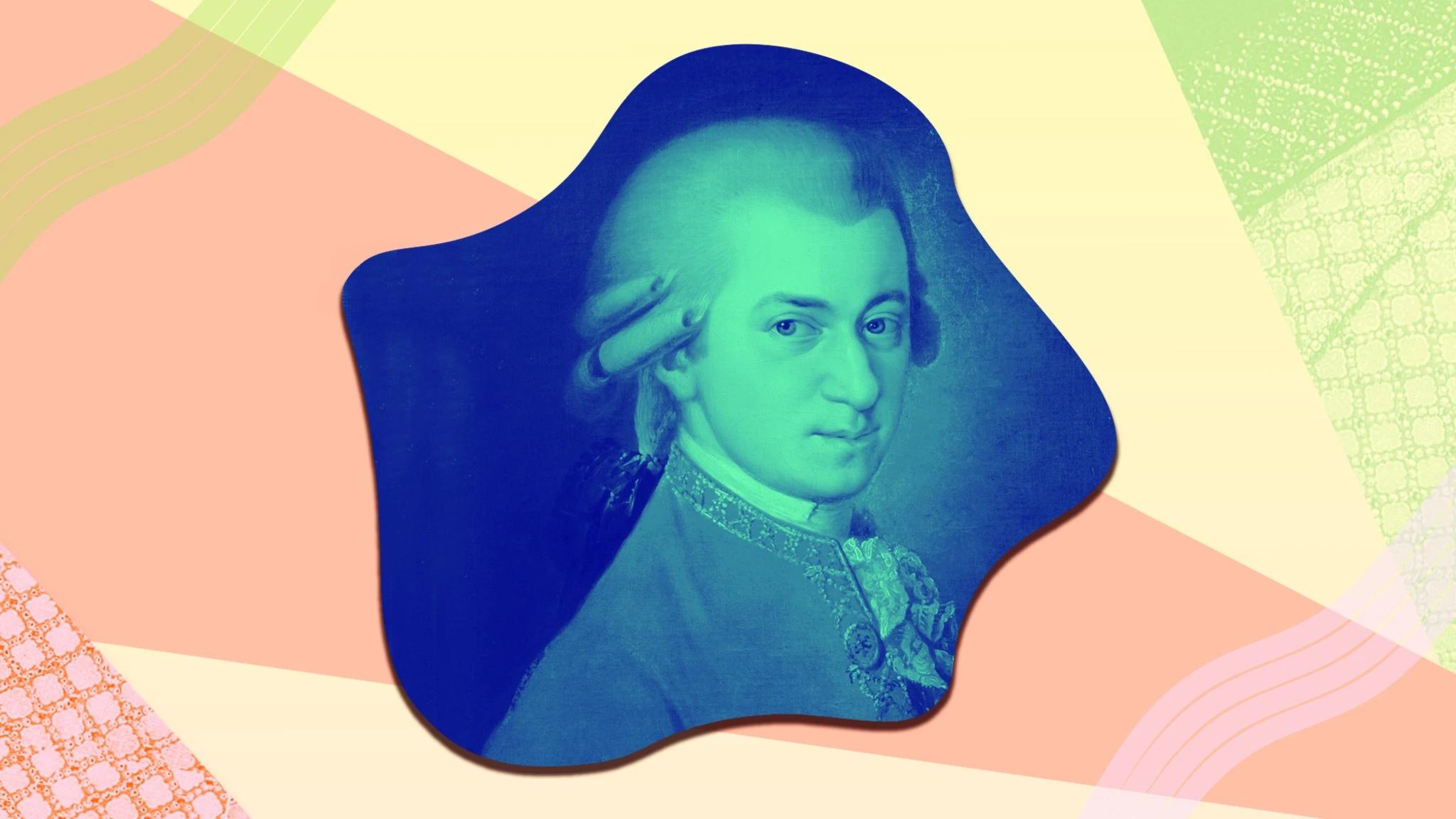 Kollage med porträtt av Mozart i tidstypisk vitpudrad peruk.