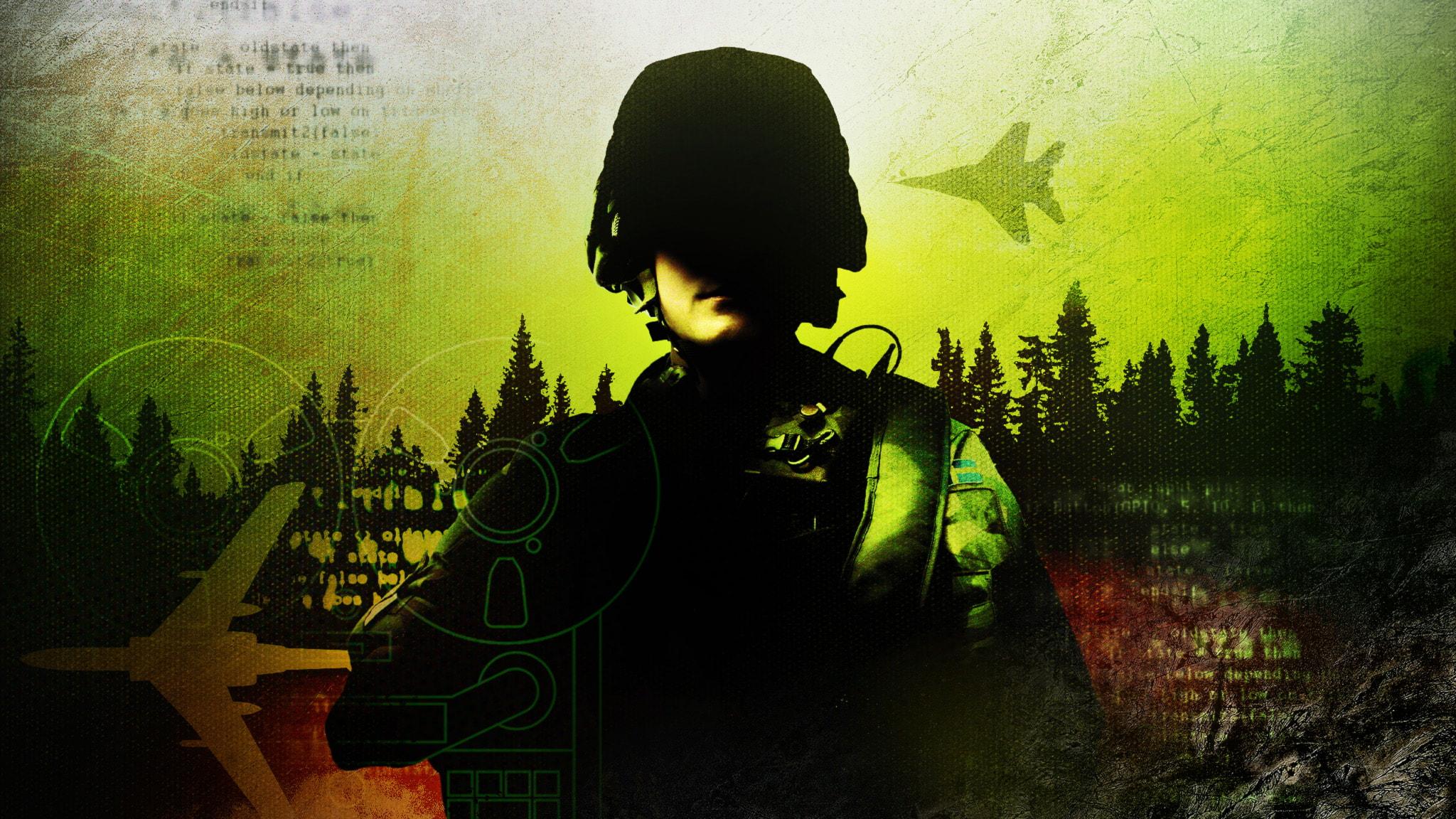 En soldat i full mundering syns mot en limegrön bakgrund med silhuetter av granskog och ett militärplan i himlen.