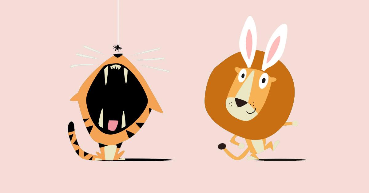 En tecknad tiger med stort gap och ett tecknat lejon som dansar syns mot en ljusrosa bakgrund. Ovanför tigern dinglar en liten spindel, och lejonet har vita kaninöron på huvudet.