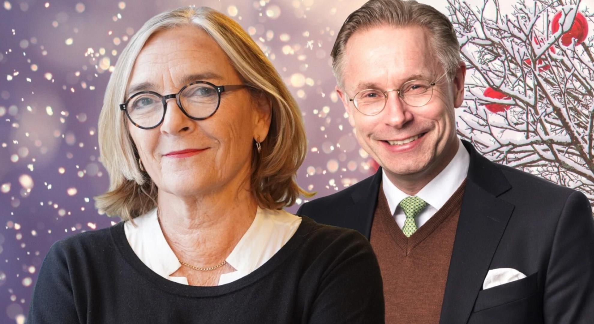 Daniel Alling och Hélène Benno inklippta mot en julig bakgrund.