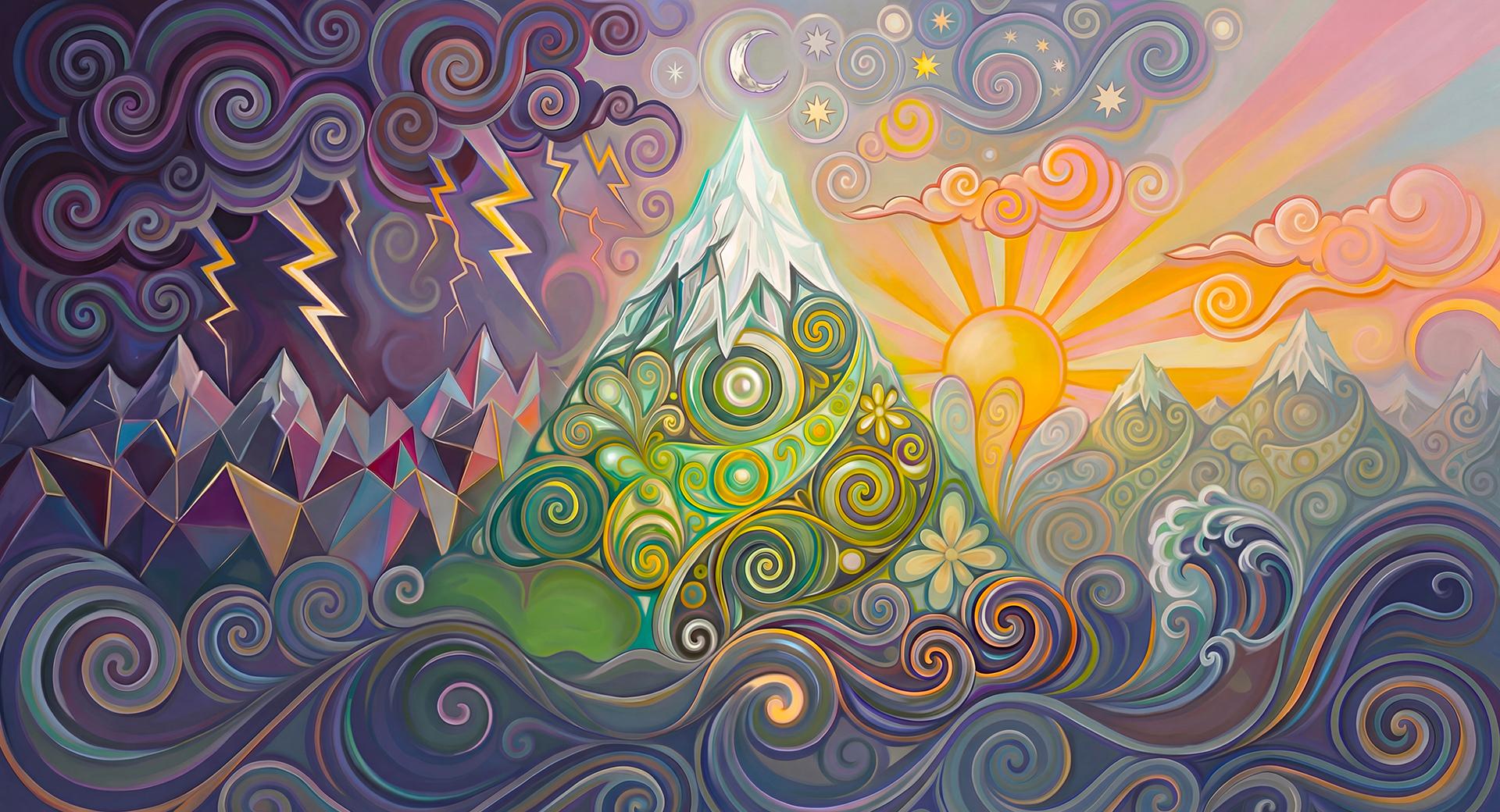 En AI-genererad bild av en alptopp i snirklig stil med virvlande åskmoln till väster och en soluppgång till höger. Vid bergets fot virvlar snirkliga vågor.